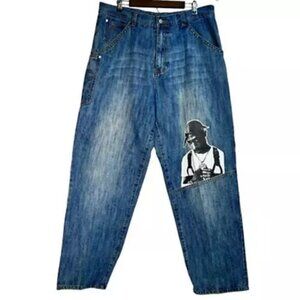 Vintage Y2K Makaveli Tupac Mens Straight Baggy Skater Jeans Blue Pants 38x33